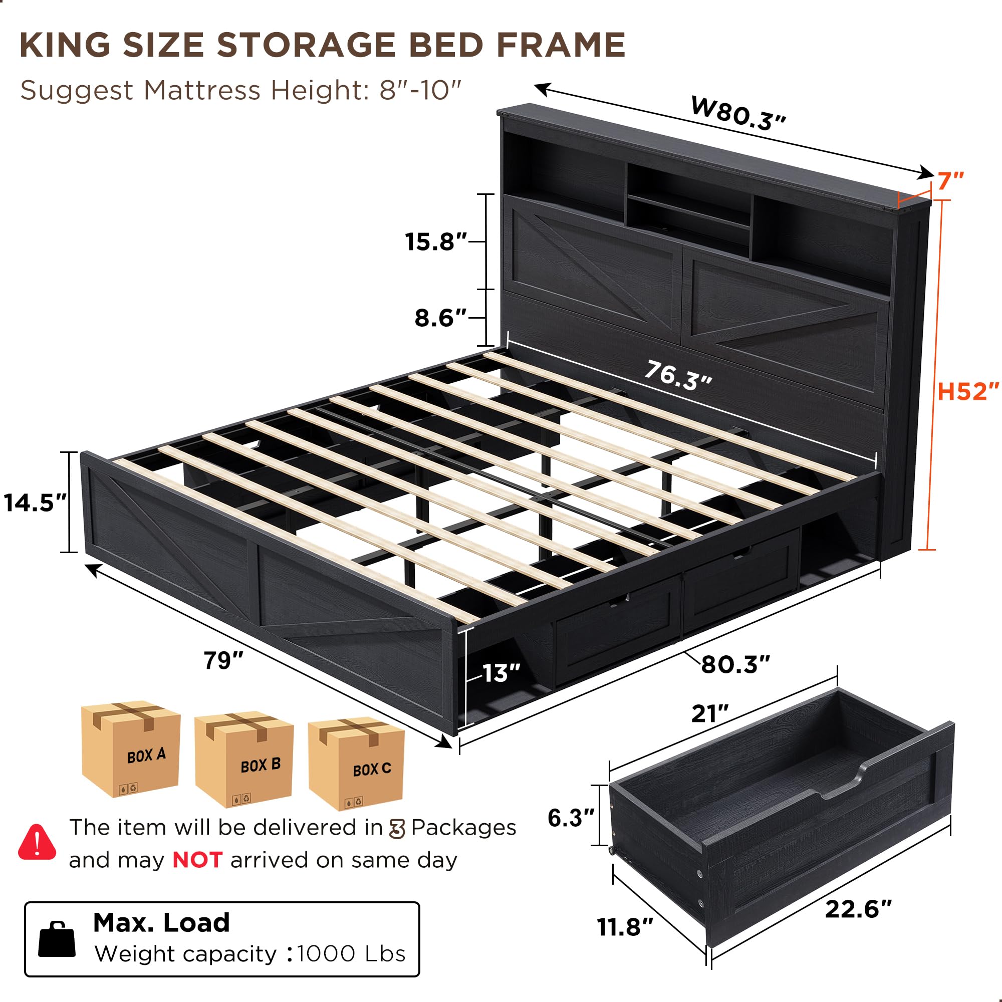 Farmhouse King Size Bed Frame  - огляд і ціна King Size Bed Frame With Storage Drawers