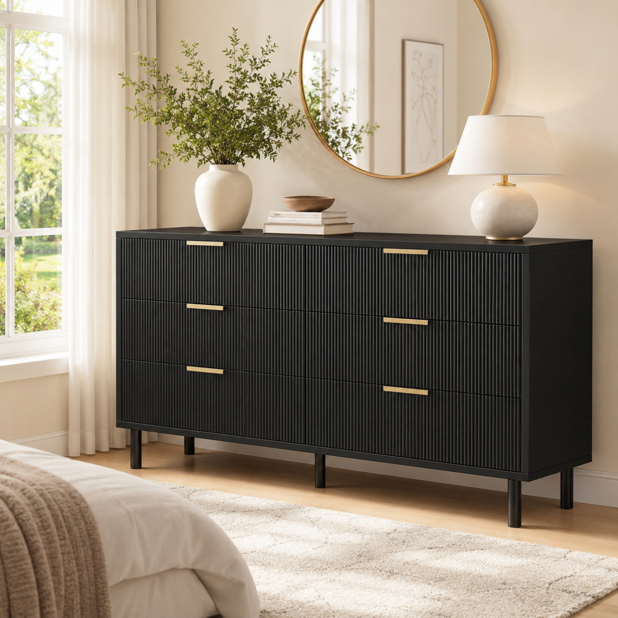 Fluted 6 Drawer Dresser with M - огляд і ціна Bedroom Furniture