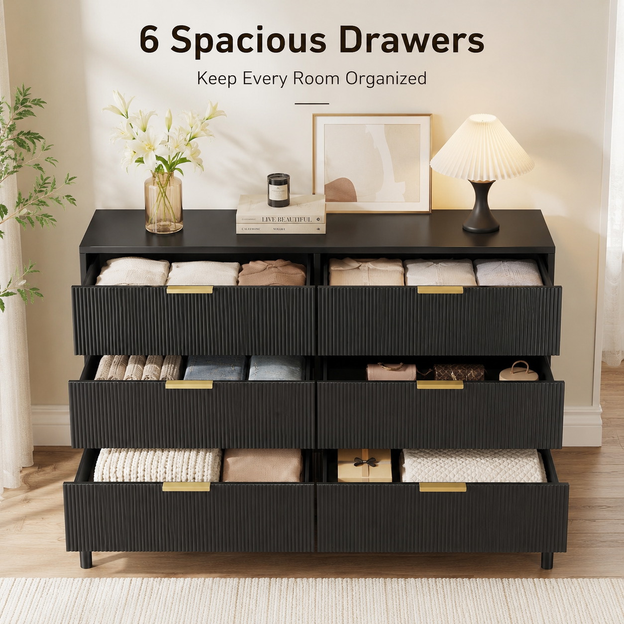 Fluted 6 Drawer Dresser with M - огляд і ціна Bedroom Furniture