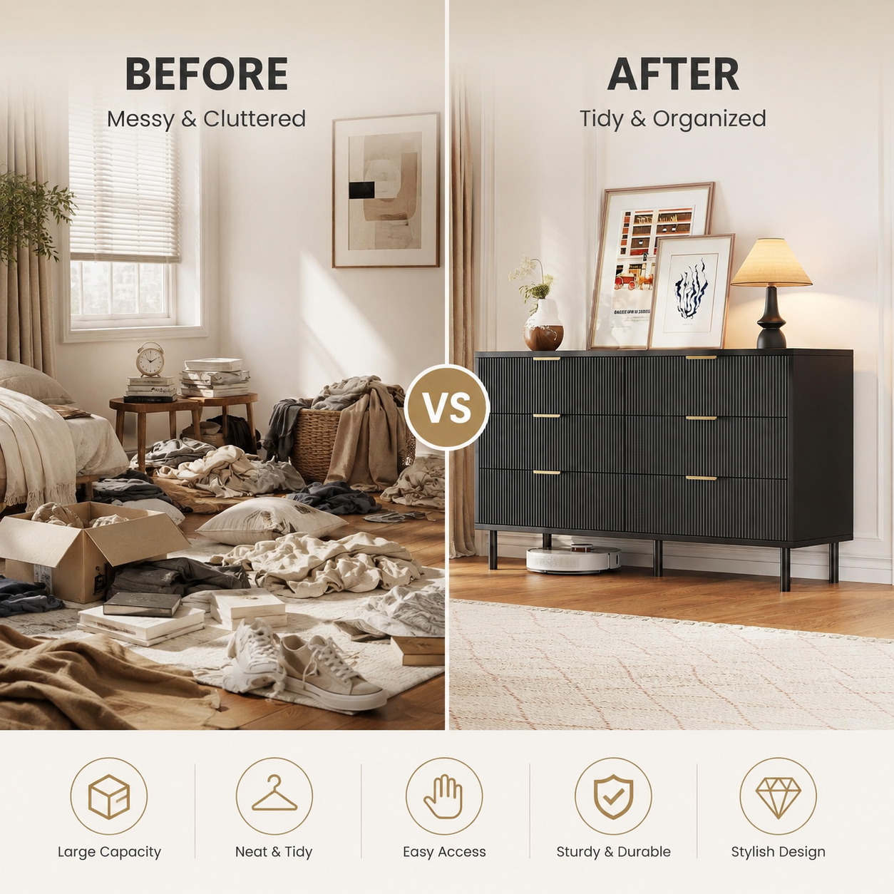 Fluted 6 Drawer Dresser with M - огляд і ціна Bedroom Furniture