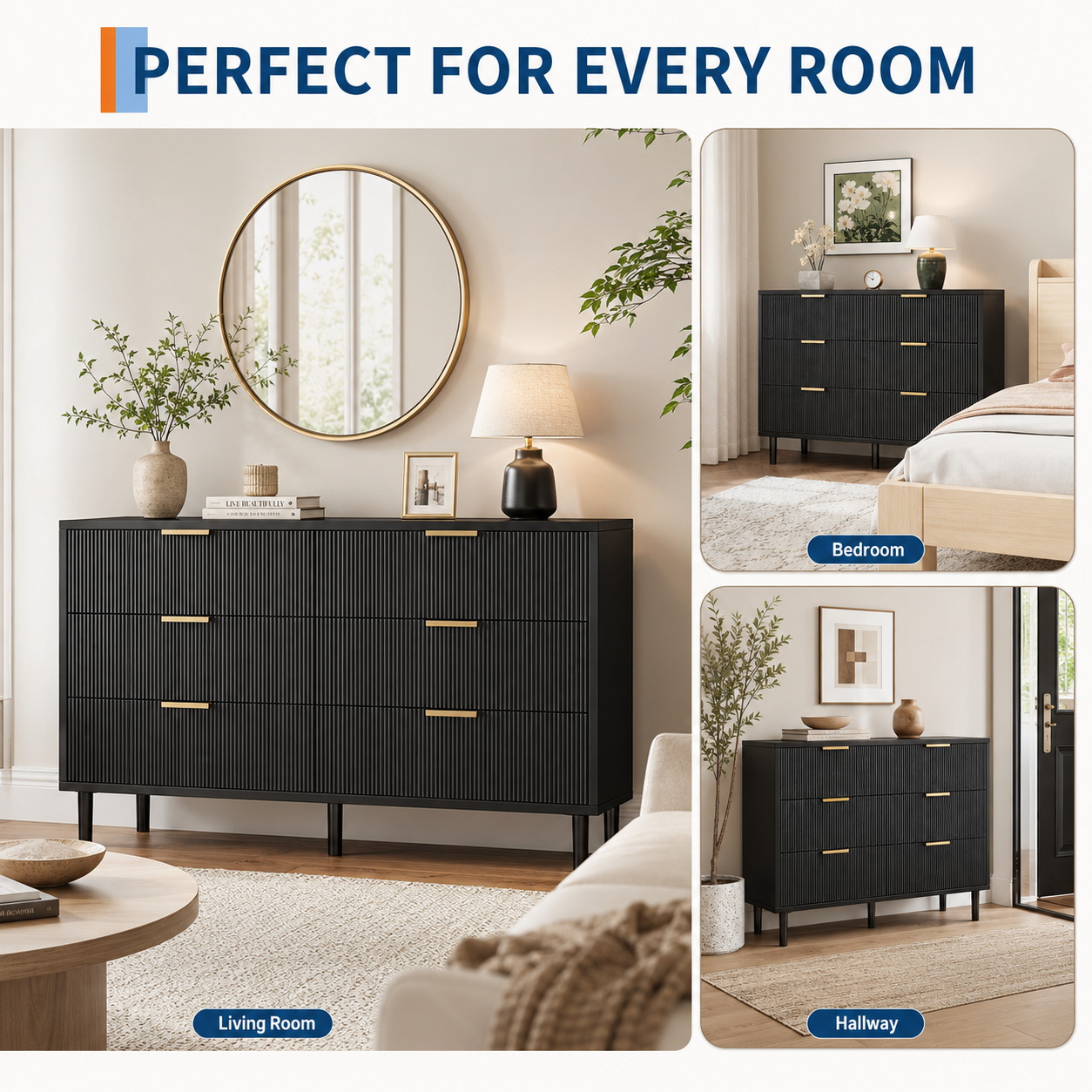 Fluted 6 Drawer Dresser with M - огляд і ціна Bedroom Furniture